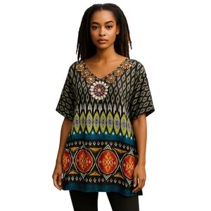 Boston Proper Colorful Sequin Splice Sleeve Tunic Top Women's Size Medium M